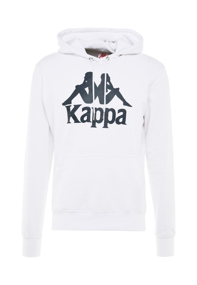 Sudadera blanca con un bolsillo frontal, que presenta un gran logo de Kappa en negro y un diseño gráfico. Fabricada en un tejido suave y texturizado con puños acanalados.