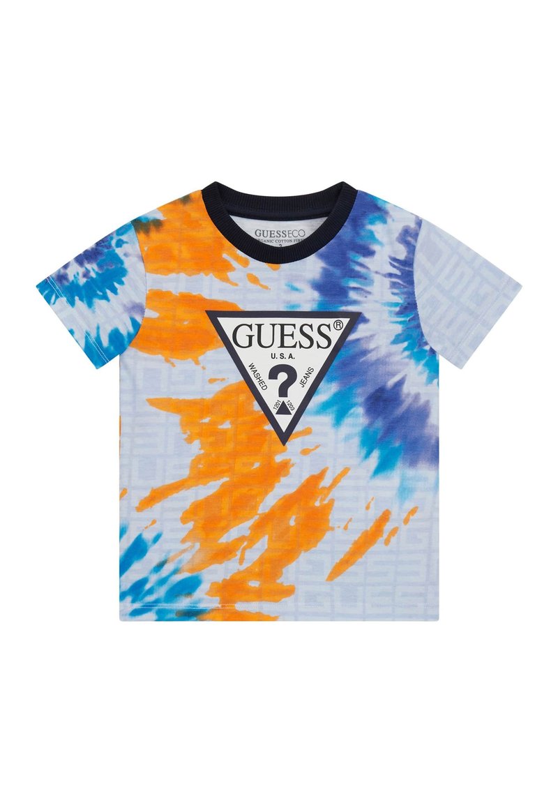 Koszulka z krótkim rękawem z wzorem tie-dye w niebieskim, pomarańczowym i białym kolorze, z czarnym dekoltem w serek i trójkątnym logo z przodu.