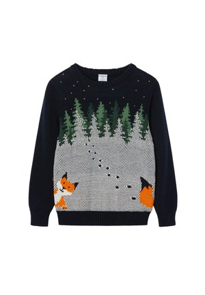 Merinovillapaita, jossa on neulottu puu- ja fox-kuvio, kevyissä vihreissä ja oransseissa yksityiskohdissa, vaaleaa taustaa vasten.