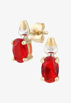 Sarkana dārgakmens stud auskari ovālas formas, iestiprināti zelta krāsas metālā. Ar skaidrām akcenta detaļām. Spīdīga apdare, droša stiprinājuma aizmugure.