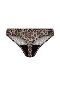Dames bikini-ondergoed met een luipaardprint in bruin- en beigetinten, weergegeven vanaf de voorkant op een witte achtergrond.