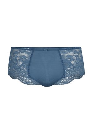 Mutande hipster in pizzo di un blu profondo con un davanti in tessuto liscio e lati in pizzo floreale, caratterizzate da una delicata fascia elastica e dettagli di cucitura.