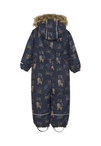Mörkblå snickerdress med ett mönster av hundar. Har en huva med konstläderfoder och elastiska ärmslut och benslut för en tät passform.