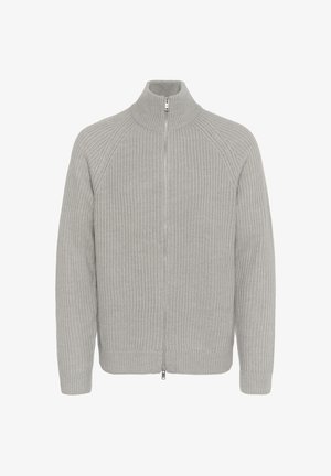 Gray zippered sweater with ribbed texture, high collar, and raglan sleeves. Features a two-way zipper and fitted cuffs. Simple, modern design.