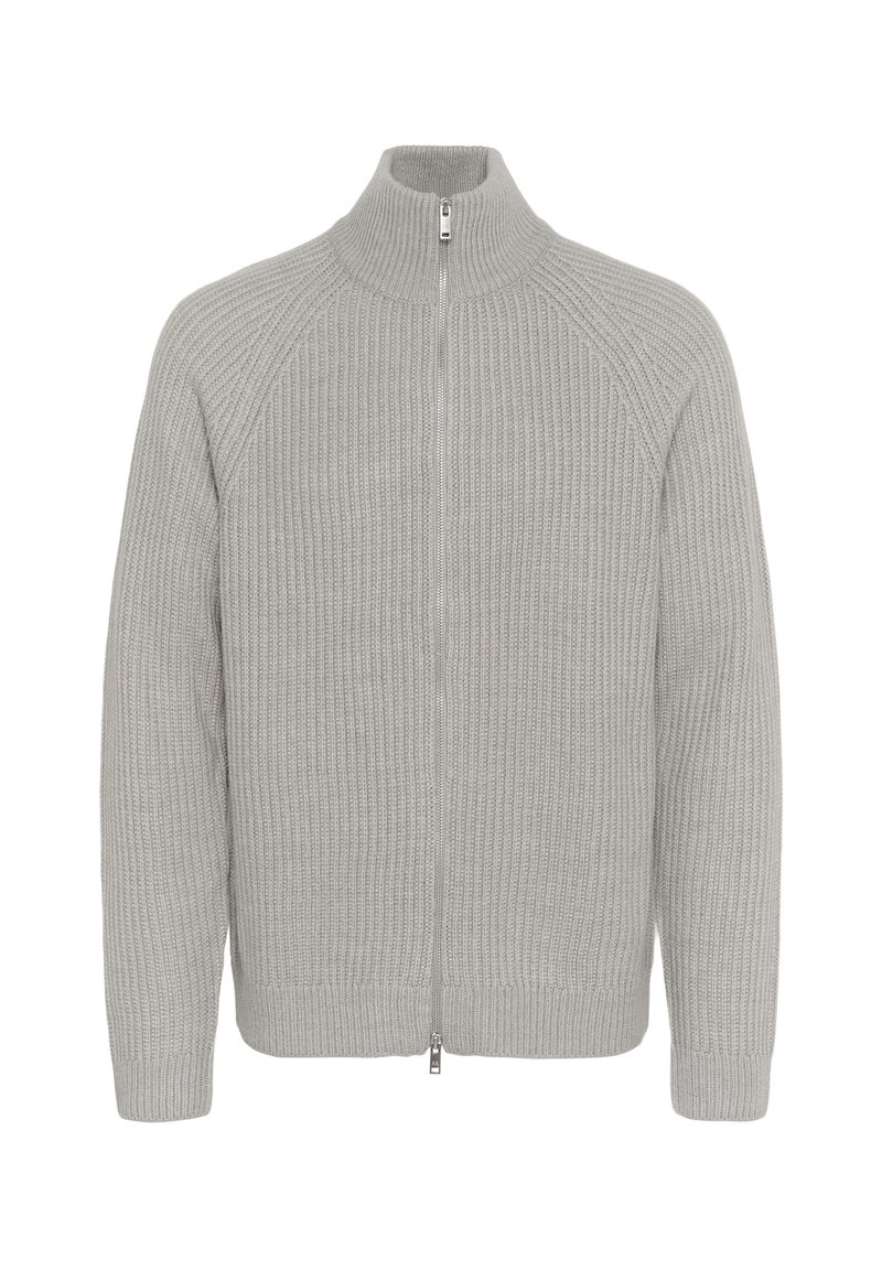 Grau genieteter Pullover mit gerippter Textur, hohem Kragen und RaglanÄrmeln. Verfügt über einen beidseitigen Reißverschluss und enganliegende Bündchen. Schlichtes, modernes Design.
