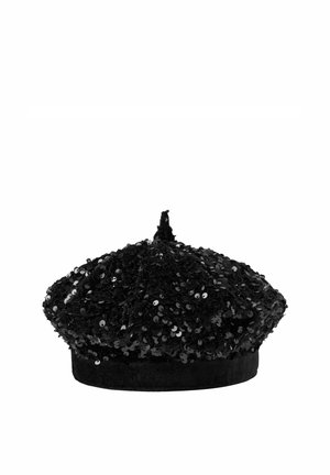 Black velvet beret covered in shiny black sequins with small loop on top, isolated on white background.