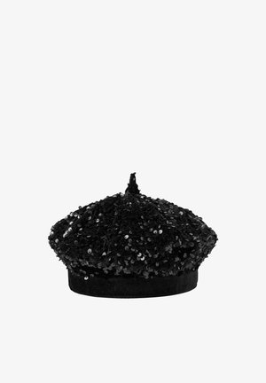 Black velvet beret covered in shiny black sequins with small loop on top, isolated on white background.