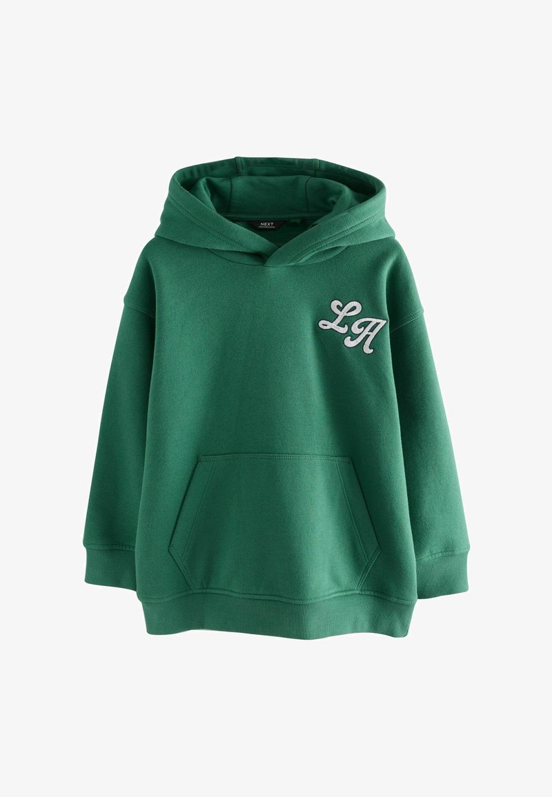 Groene hoodie gemaakt van zachte stof, met een voorzak en een geborduurd 'LA' in het wit. Verstelbare drawstring capuchon.