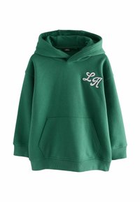 Green hooded sweatshirt made of soft fabric, featuring a front pocket and an embroidered 'LA' in white. Adjustable drawstring hood.