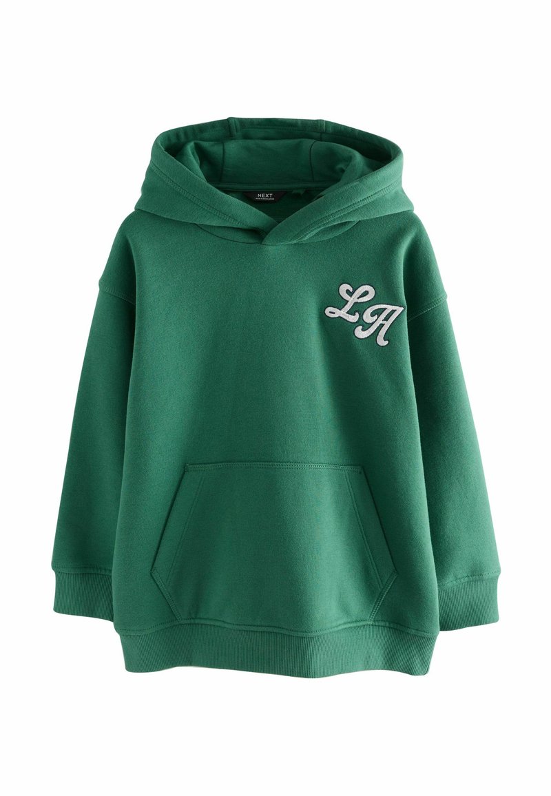 Green hooded sweatshirt made of soft fabric, featuring a front pocket and an embroidered 'LA' in white. Adjustable drawstring hood.