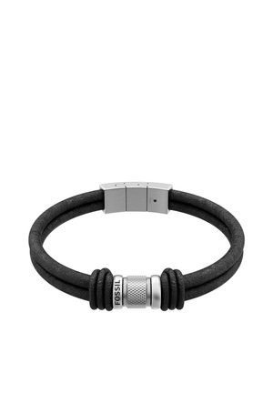 Schwarzes doppellagiges Lederarmband mit silbernem, strukturiertem Verschluss und zylindrischem silbernem Akzent, graviert mit dem Markennamen Fossil.