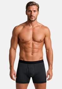 Black and gray striped boxer shorts with a black waistband, fitted design, cotton blend material, and a snug, smooth texture.