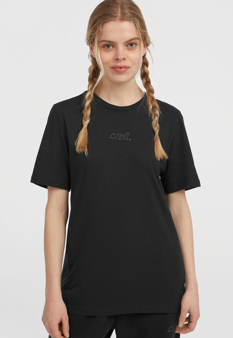 Black cotton t-shirt featuring short sleeves, round neckline, and a subtle embroidered logo on the chest. Smooth texture, relaxed fit.