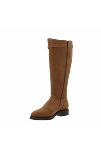 Braune Wildleder-Stiefel bis zum Knie mit einem Reißverschluss an der Seite, schrägem Zehenbereich und einem niedrigen Blockabsatz. Verfügt über Details aus Stoffpaneelen.