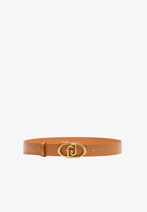 Ceinture en cuir tan avec une large sangle lisse. Dotée d'une boucle circulaire en or avec des accents de logo. Cinq trous pour un ajustement de taille.