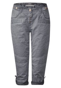 Pantalons cargo gris avec une finition texturée, dotés d'une fermeture à bouton, de plusieurs poches, de poignets roulés et d'accents cousus sur les genoux.