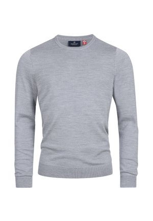 Világosszürke pulóver puha anyagból, kerek nyakkivágással, hosszú ujjakkal, valamint bordás mandzsettákkal és szegéllyel. Egyszerű, sima textúra.