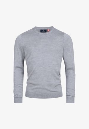 Svetlý šedý sveter vyrobený z mäkkého materiálu, má okrúhly výstrih, dlhé rukávy a rebrované manžety a spodný lem. Jednoduchá, hladká textúra.