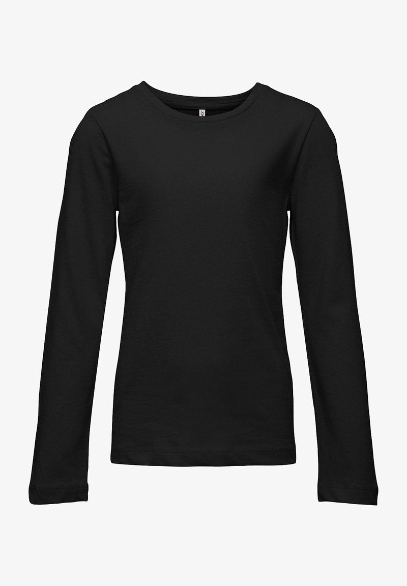 Ilgais rankovės juodas marškinėliai su apvaliomis iškirpėmis, minkštos tekstūros audiniu ir paprastu dizainu be raštų ar puošmenų.