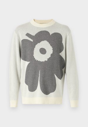 Light gray knit sweater with a large dark gray flower design, ribbed crew neckline and cuffs, relaxed fit, smooth texture.