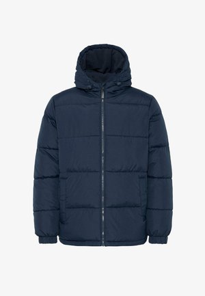 Mørkeblå dunjakke med hætte, designet med vandret quiltning, lynlås lukning foran og sidelommer. Blød tekstur med elastiske manchetter.