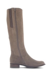 Knee-high bruine suède laars met een ronde neus en een kleine blokhak. Voorzien van een zijrits en een contrasterend stoffen paneel aan de achterkant.