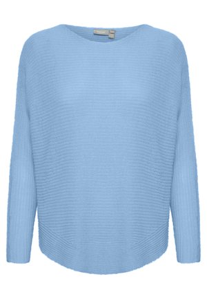 Gaiši zils adīts džemperis ar brīvu piegriezumu, plašu kakla izgriezumu, garām piedurknēm un faktūrētu dizainu ar noapaļotu apakšmalu.