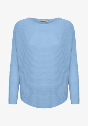 Suéter de punto azul claro con un corte holgado, escote ancho, mangas largas y un diseño texturizado con un dobladillo redondeado.