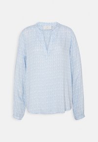 Långärmad blå blus med ett geometriskt lövmönster, v-ringning och jämt lagda manschetter. Tillverkad av lättviktsmaterial.