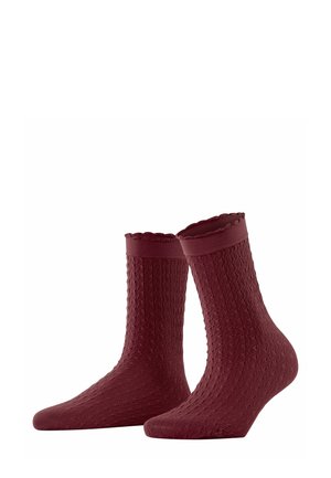 Burgundy cotton socks with a textured pattern, scalloped top edge, and mid-calf length, featuring a smooth finish throughout.