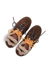 Brown suede sneakers with orange and brown laces, featuring a plush, beige shearling lining and a textured rubber sole.