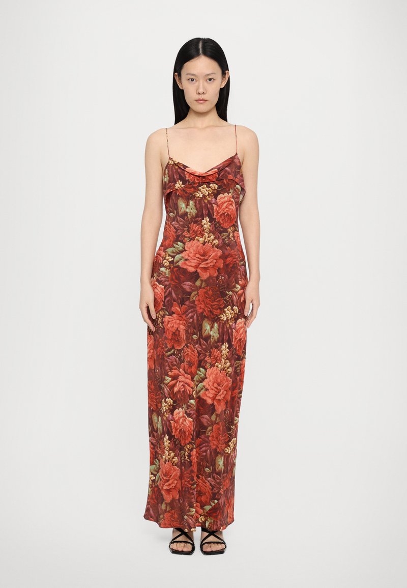 Floral maxi dress with a deep V neckline, thin straps, and a ruffled detail. Features large red and orange rose patterns on dark background.