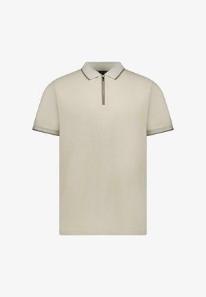 Polo met korte mouwen in licht beige, met een halve ritskraag, contrasterende bies aan de mouwen en een gestructureerde stof.