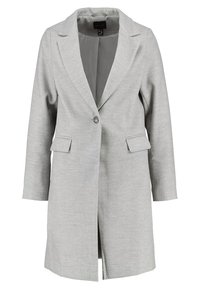 Světlě šedé sako s jedním zapínacím knoflíkem, výstřihem do špičky, dvěma předními kapsami a přímým střihem. Hladká textura a na míru šitý design.