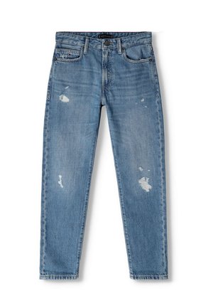 Jeans in denim azzurro chiaro con dettagli strappati, design a gamba dritta, cinque tasche e chiusura a bottone. Leggera scoloritura uniforme.