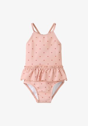 Różowy kostium kąpielowy dla malucha z drobnym wzorem czerwonych serc i falbanką na spódniczce, z cienkimi ramiączkami i wysokim dekoltem.