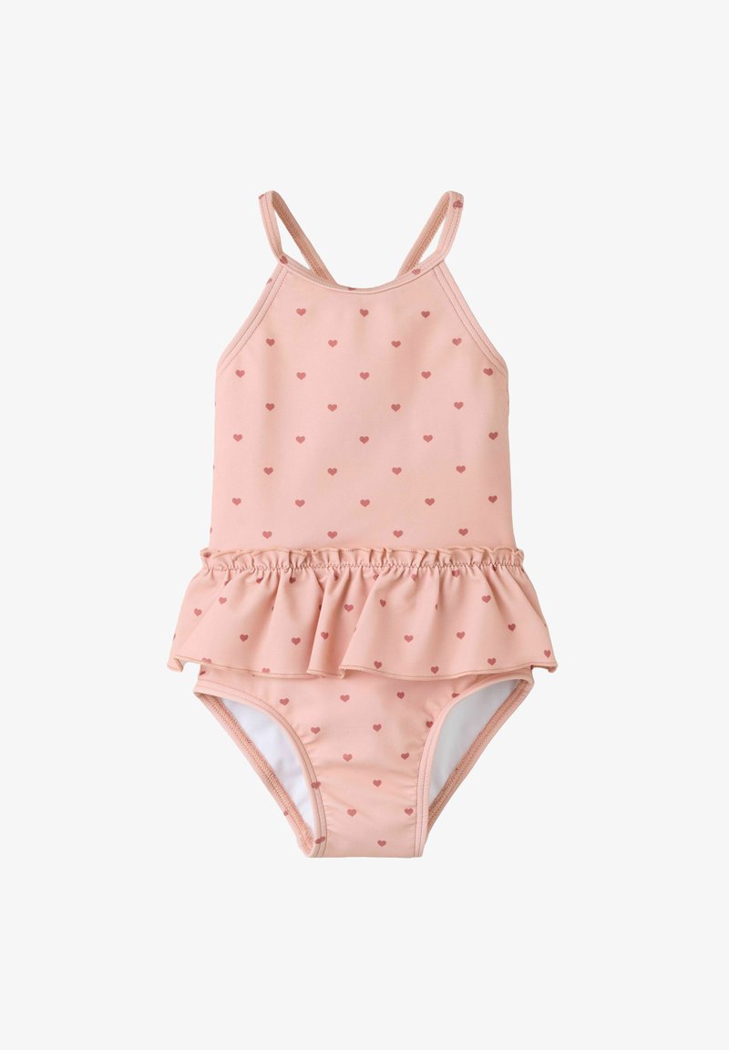 Rosa Badeanzug für Kleinkinder mit kleinem roten Herzmuster und einem Volantrock-Detail, mit dünnen Schulterriemen und hohem Ausschnitt.
