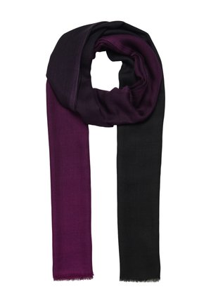 Longue écharpe avec un côté violet foncé et l'autre côté noir, pliée en forme de boucle avec des bords à franges.