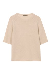 Beige short-sleeve sweater with a rounded neckline, made of soft knit fabric. Features a textured finish and raglan sleeves.