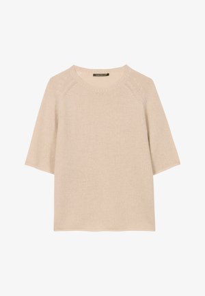 Beiger Pullover mit kurzen Ärmeln und rundem Ausschnitt, aus weichem Strickstoff gefertigt. Verfügt über eine strukturierte Oberfläche und Raglanärmel.