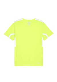 Koszulka sportowa z krótkim rękawem w neonowym żółtym kolorze z białymi akcentami, wykonana z lekkiego materiału. Posiada teksturowaną powierzchnię oraz detal z logo.