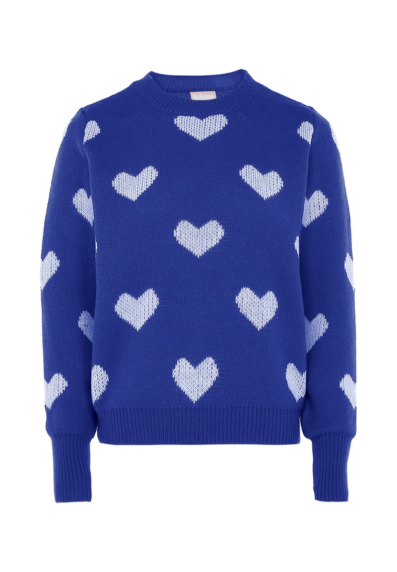 Maglione azzurro a maglia con modelli di cuori bianchi ripetuti, colletto rotondo, maniche lunghe e polsini e orlo a coste.