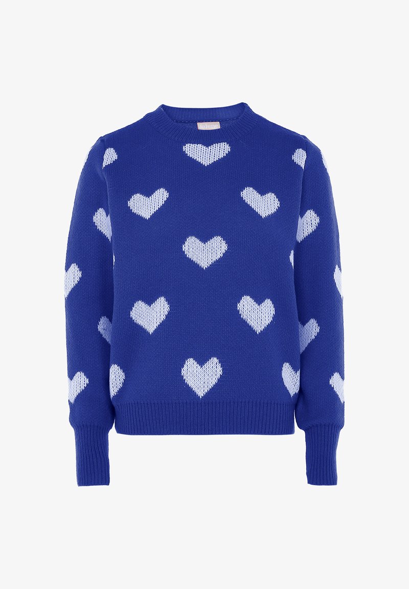 Pulover albastru tricotat cu modele repetitive de inimioare albe, guler rotund, mâneci lungi și manșete și tiv ribbate.