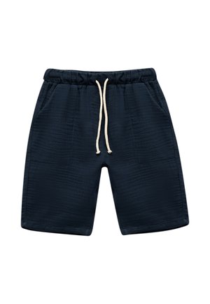 Marineblauwe shorts met een elastische tailleband, striksluiting en twee zijzakken. Getextureerde stof met subtiele horizontale lijnen.
