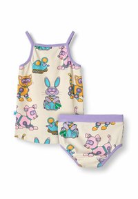 Twee-delig kinderoutfit met een mouwloze top en bijpassende onderkant. Lichte achtergrond met kleurrijke dierenafbeeldingen in roze, paars en blauw.