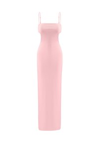 Robe maxi sans manches rose avec une silhouette ajustée, fabriquée à partir d'un tissu lisse, dotée de fines bretelles réglables et d'un col droit.