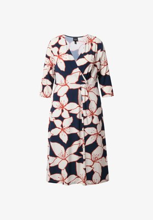 Marineblaues Kleid mit großem weißen und roten Blumendesign, V-Ausschnitt, Dreiviertelärmel und Wickeldesign, aus leichtem Stoff gefertigt.
