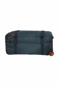 Sac de voyage en tissu bleu de forme rectangulaire, avec des accents orange, deux poignées solides et une roue pour un transport facile.