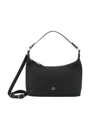 Borsa a spalla in tessuto nero con una maniglia superiore singola e una tracolla staccabile e regolabile. Presenta una cernieraargento e un dettaglio logo discreto.