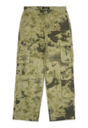 Cargo pants in a camouflage pattern, featuring multiple side pockets, made of durable fabric, in shades of green and brown.